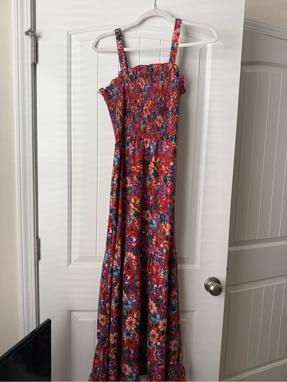 Red Floral Maxi Dress with Smocked Bodice and Ruffled Edge